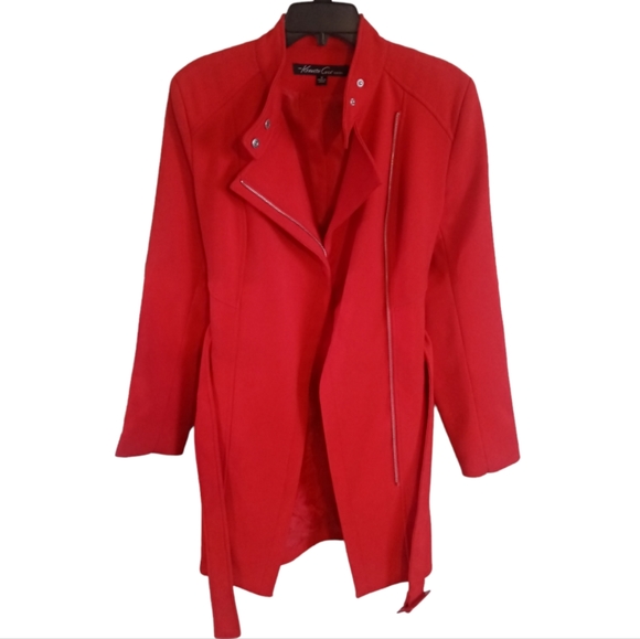 Vintage Kenneth Cole New York Red Jacket Zip Mid Length Asymmetrical Belt Coat M - Picture 14 of 15